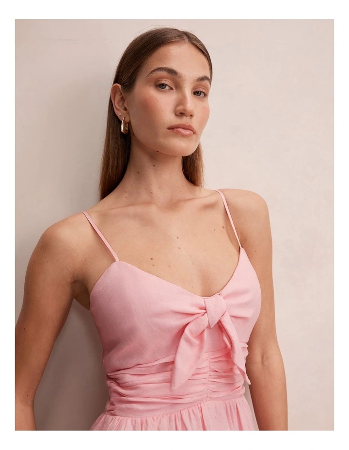 Isabella Tie Front Linen Midi Dress in Pink image 4
