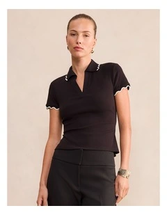 Sarah Scallop Trim Polo Top in Navy