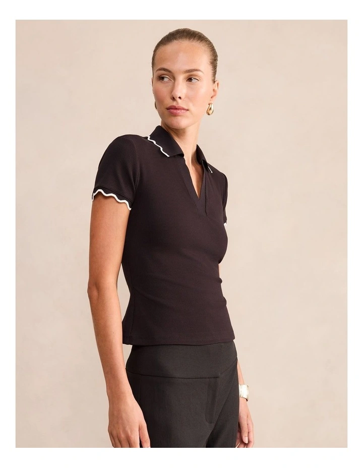 Sarah Scallop Trim Polo Top in Navy image 3