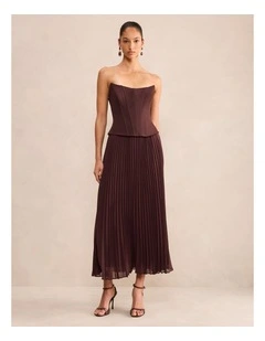 August Pleated Corset Midi Dress in Brown