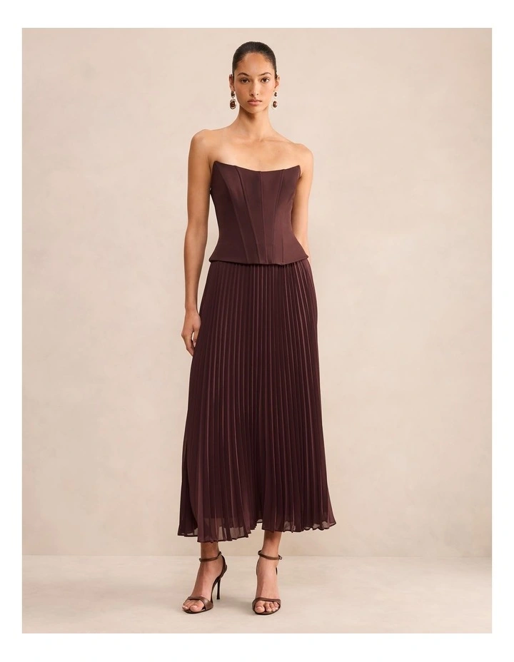 August Pleated Corset Midi Dress in Brown image 1