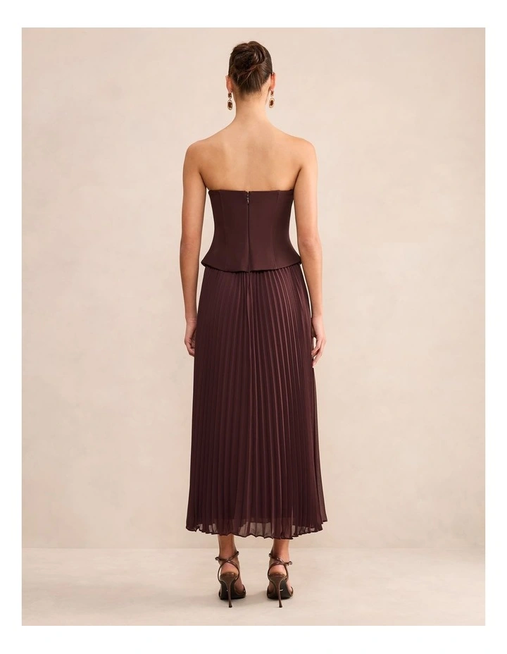 August Pleated Corset Midi Dress in Brown image 2