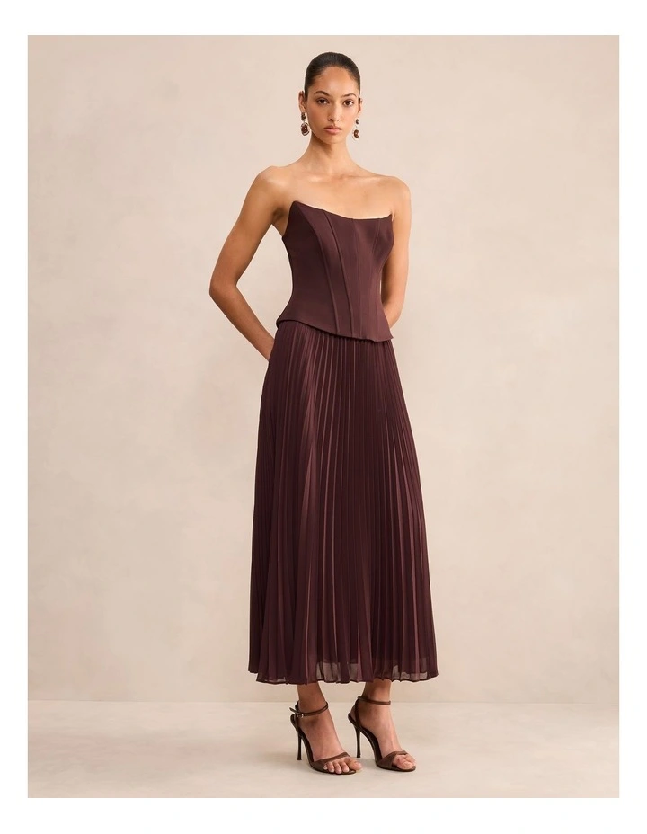 August Pleated Corset Midi Dress in Brown image 3