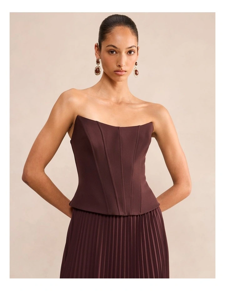 August Pleated Corset Midi Dress in Brown image 4
