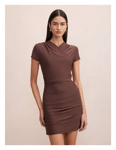 Juliette Cross Over Mini Dress in Brown