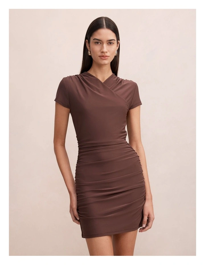 Juliette Cross Over Mini Dress in Brown image 1