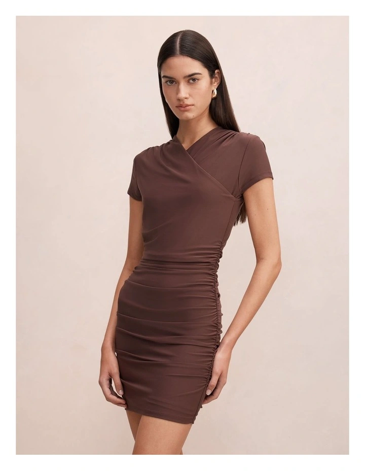 Juliette Cross Over Mini Dress in Brown image 3