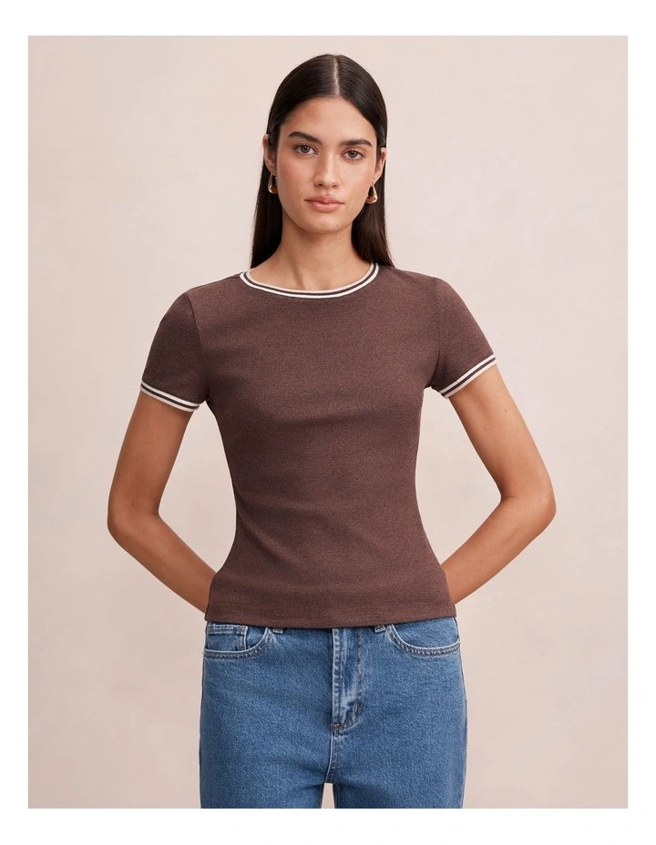 Rosie Tipped Trim Short Sleeves T-shirt in Brown image 1