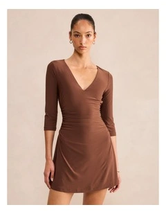 Tash V-Neck 3/4 Sleeves Mini Dress in Brown