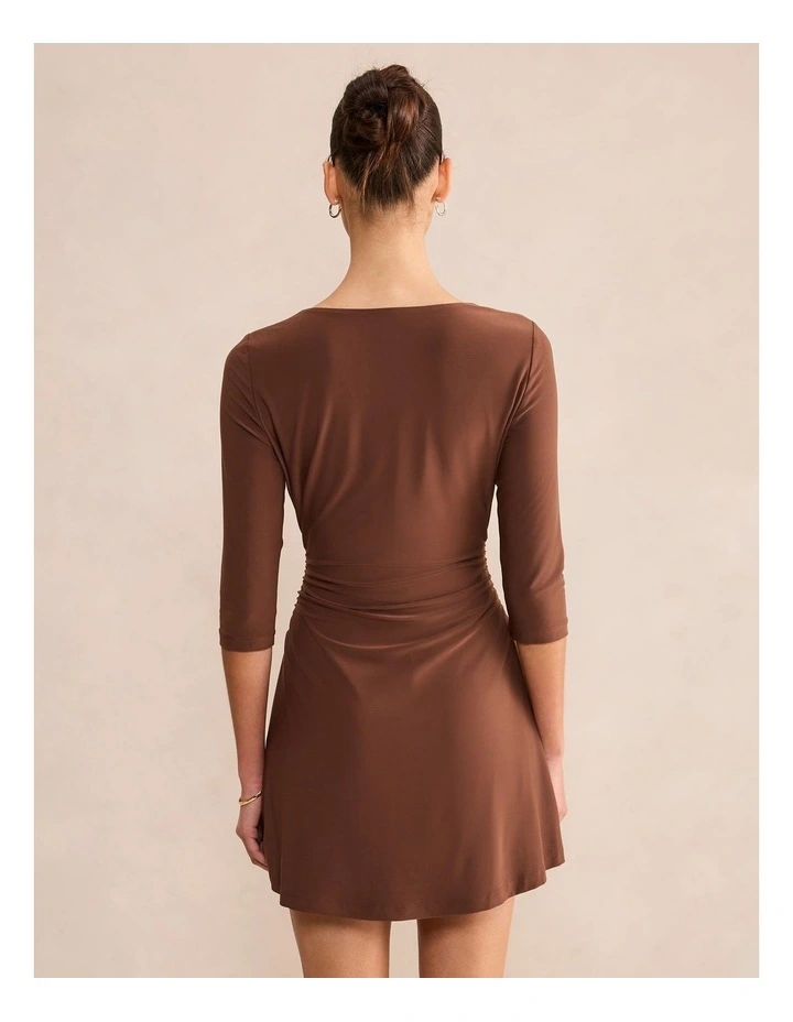 Tash V-Neck 3/4 Sleeves Mini Dress in Brown image 2
