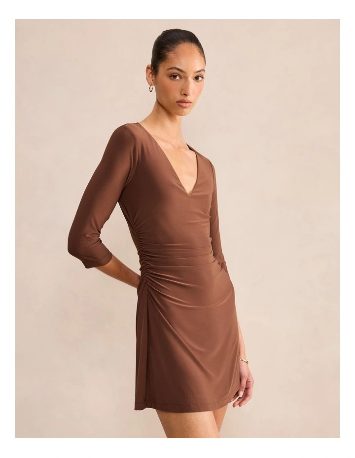 Tash V-Neck 3/4 Sleeves Mini Dress in Brown image 3