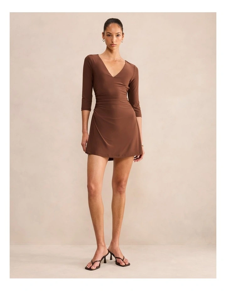 Tash V-Neck 3/4 Sleeves Mini Dress in Brown image 5