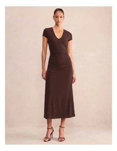 Alexandra V-Neck Mesh Midi Dress in Brown