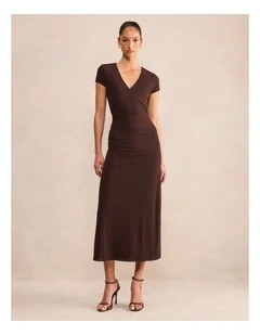 Alexandra V-Neck Mesh Midi Dress in Brown