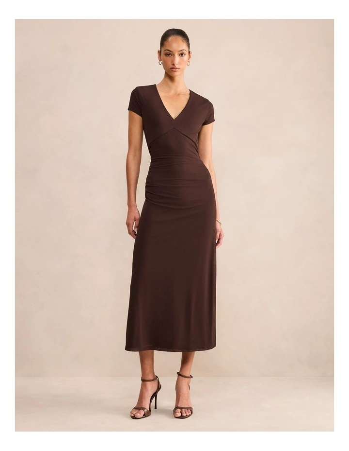 Alexandra V-Neck Mesh Midi Dress in Brown image 1