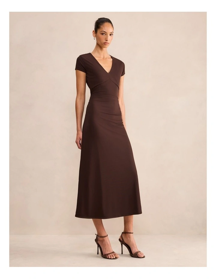 Alexandra V-Neck Mesh Midi Dress in Brown image 3