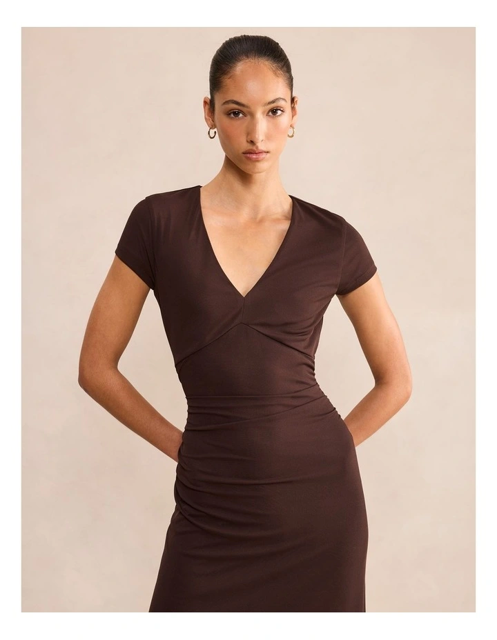 Alexandra V-Neck Mesh Midi Dress in Brown image 4