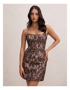 Reese Strapless Lace Corset Mini Dress in Chocolate