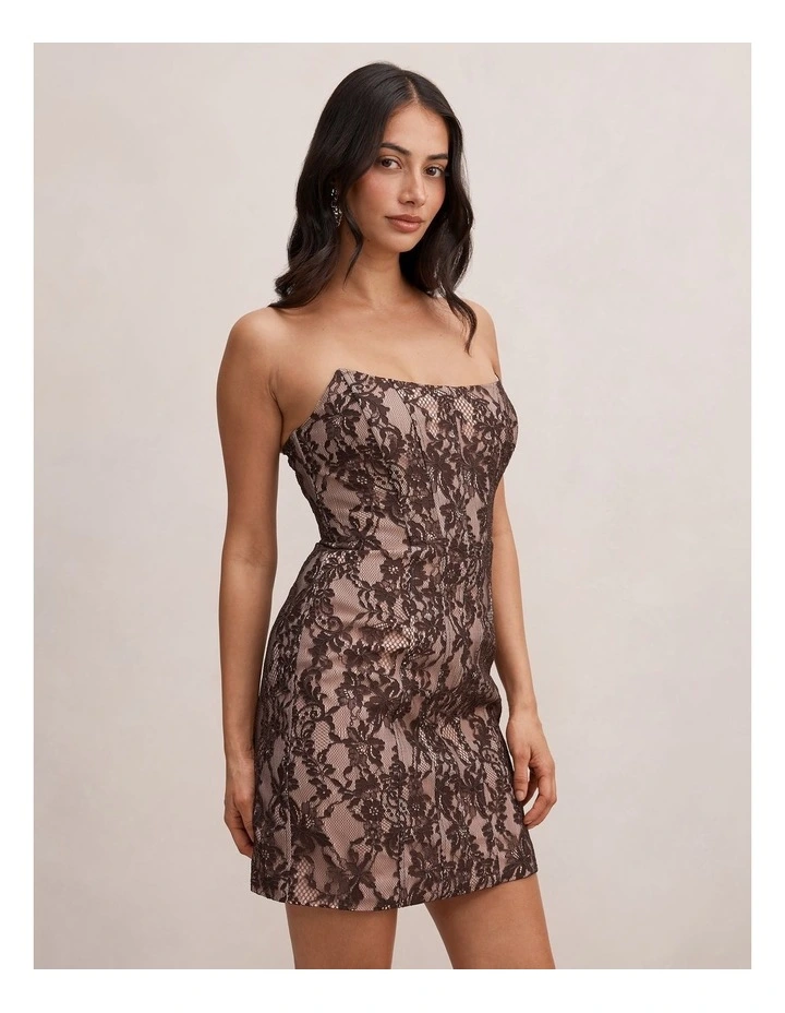 Reese Strapless Lace Corset Mini Dress in Chocolate image 3