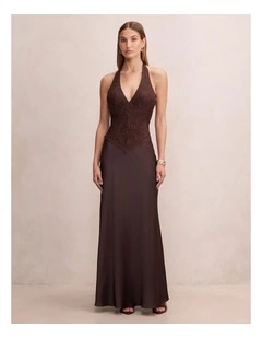 Mandi Lace Halter Neck Maxi Dress in Chocolate