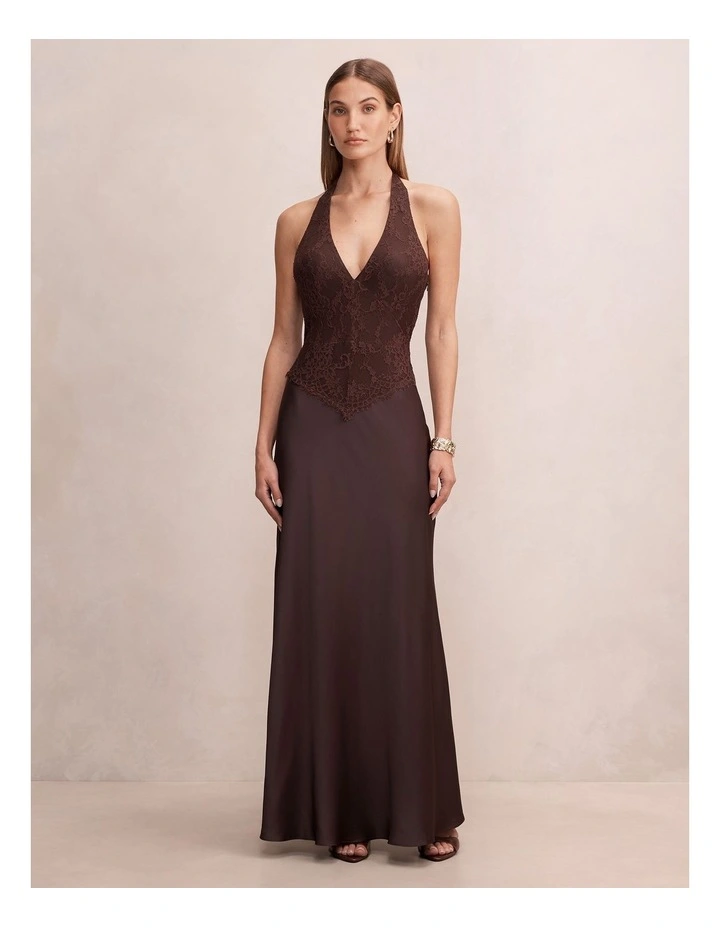 Mandi Lace Halter Neck Maxi Dress in Chocolate image 1