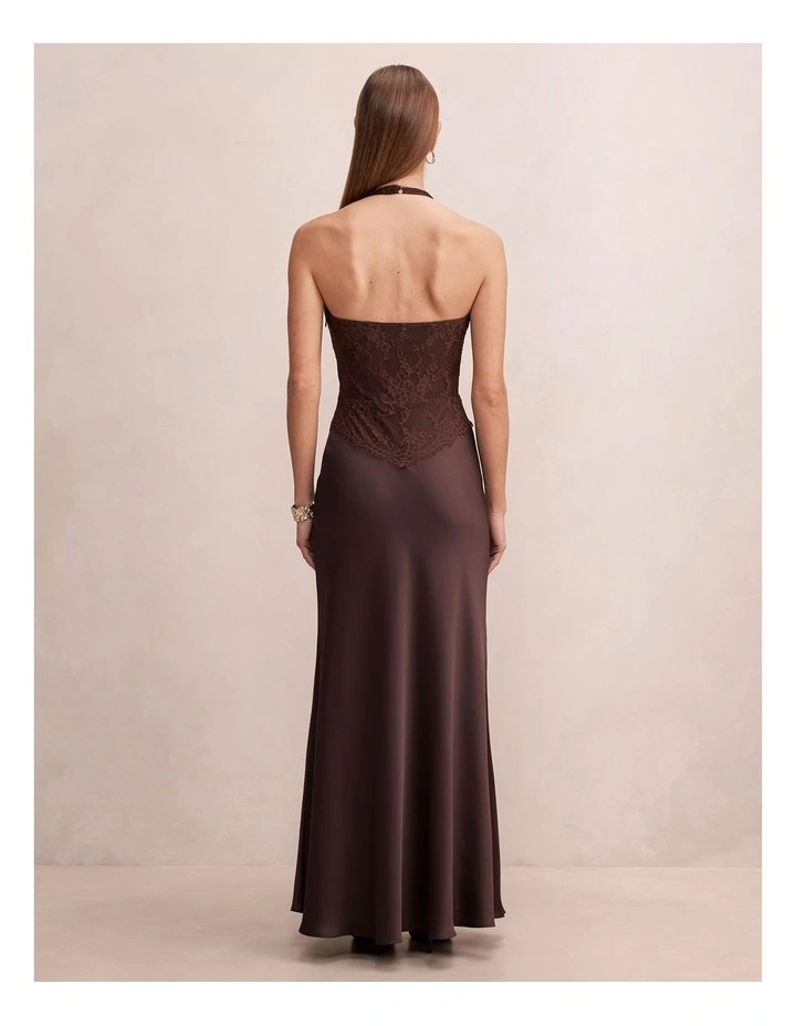 Mandi Lace Halter Neck Maxi Dress in Chocolate image 2