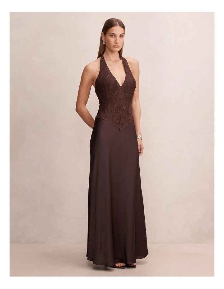Mandi Lace Halter Neck Maxi Dress in Chocolate image 3