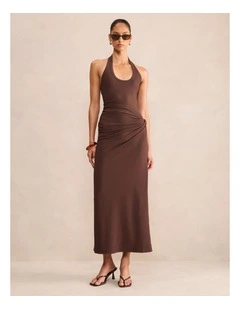 Noa Halter Neck Draped Ribbed Midi Dress in Brown