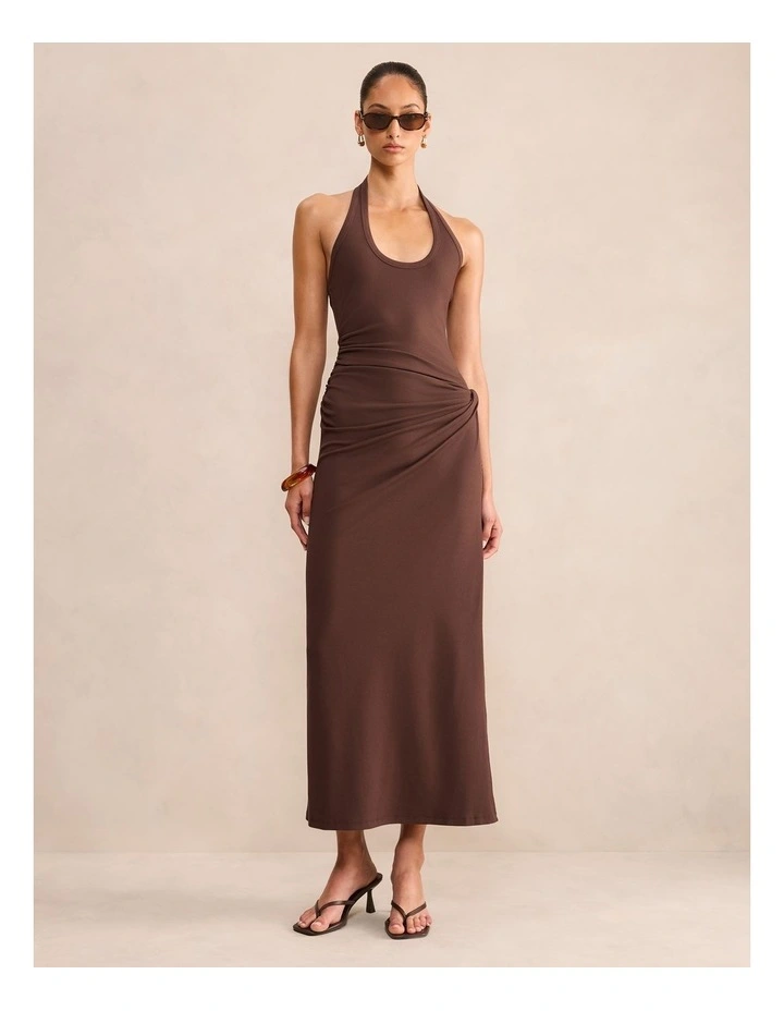 Noa Halter Neck Draped Ribbed Midi Dress in Brown image 1