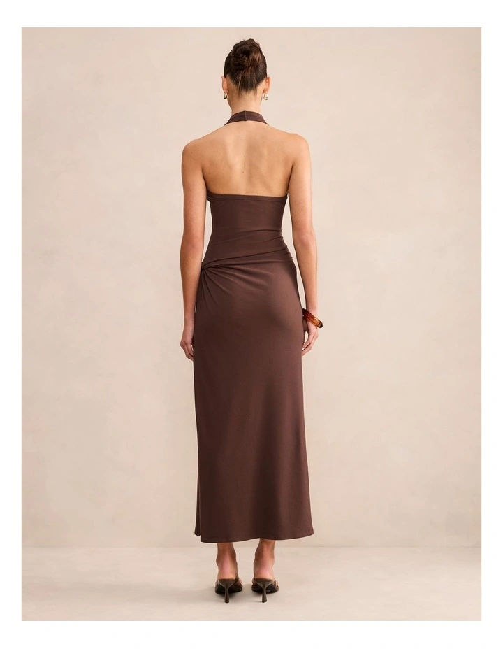 Noa Halter Neck Draped Ribbed Midi Dress in Brown image 2