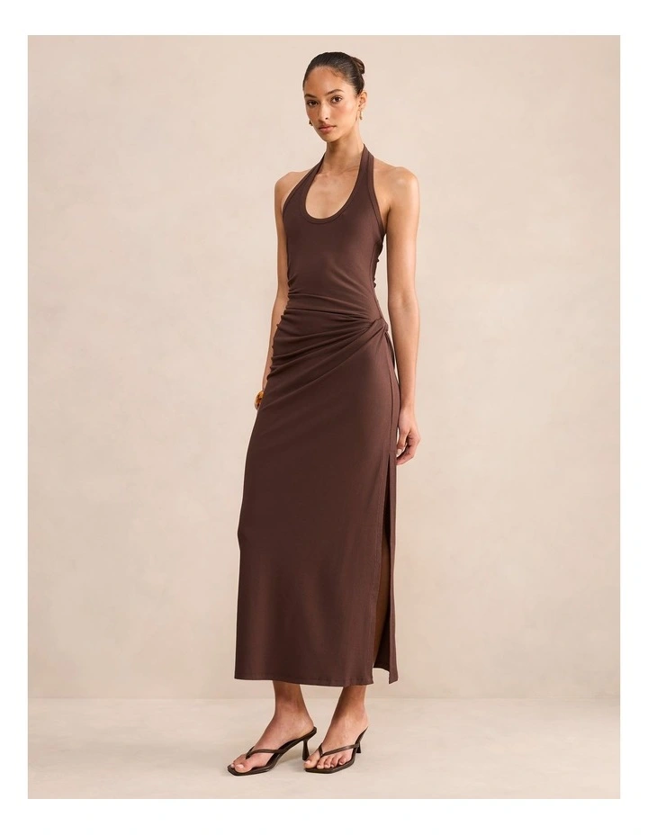 Noa Halter Neck Draped Ribbed Midi Dress in Brown image 3