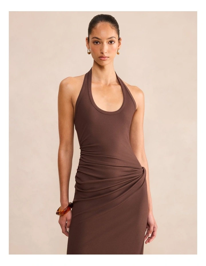 Noa Halter Neck Draped Ribbed Midi Dress in Brown image 4