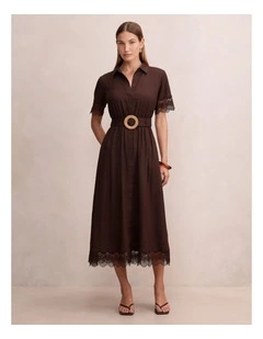 Eliana Lace Trim Linen Midi Dress in Chocolate
