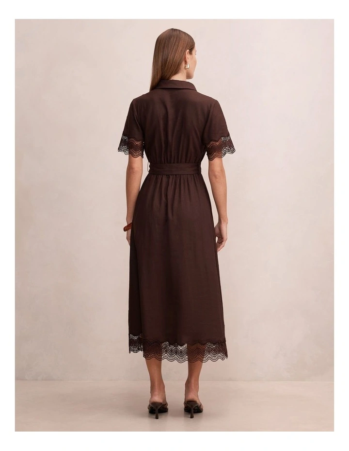 Eliana Lace Trim Linen Midi Dress in Chocolate image 2