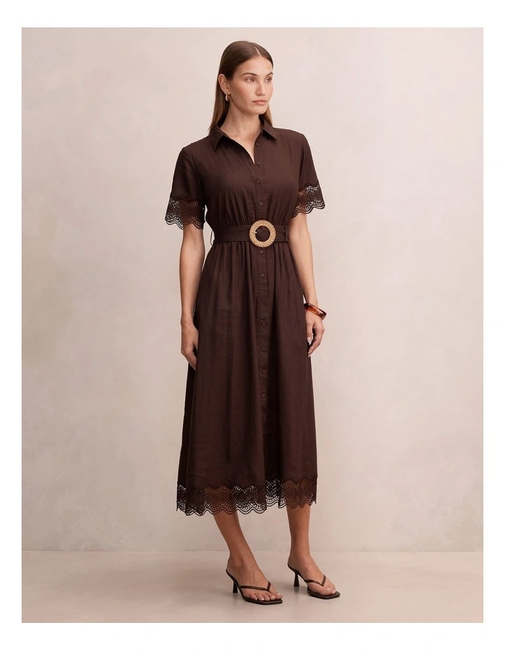 Eliana Lace Trim Linen Midi Dress in Chocolate image 3