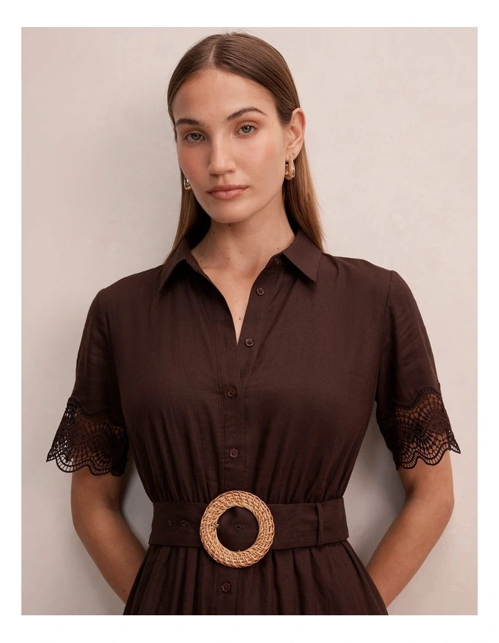 Eliana Lace Trim Linen Midi Dress in Chocolate image 4