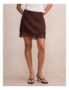 Melissa Lace Hem Linen Mini Skirt in Chocolate