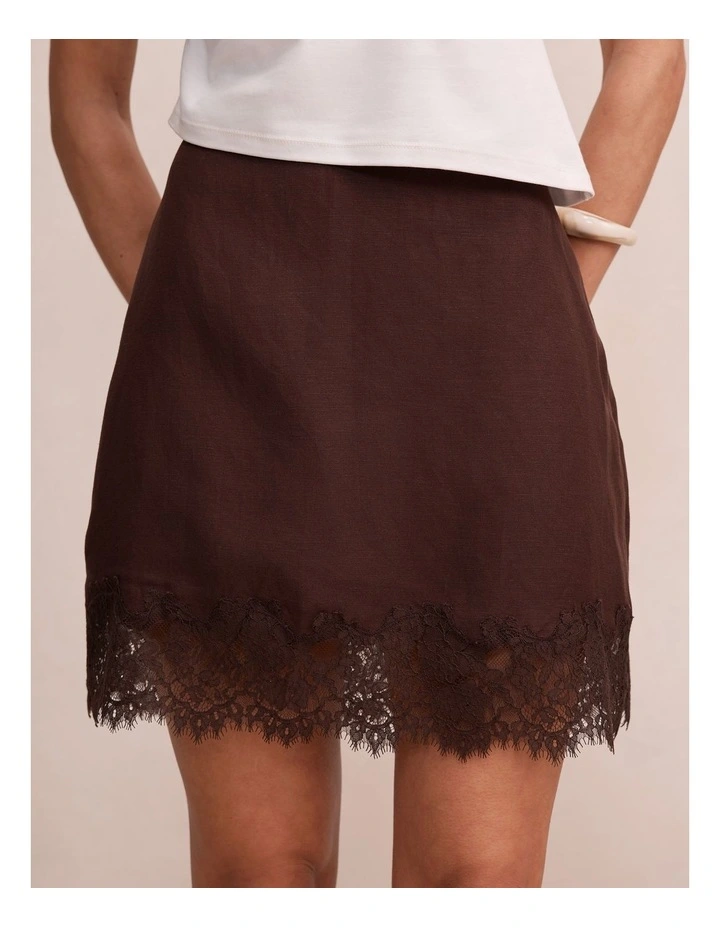Melissa Lace Hem Linen Mini Skirt in Chocolate image 4