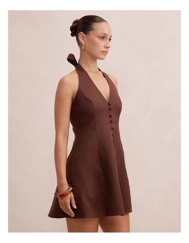 Ina Halter Neck Linen Mini Dress in Chocolate image 3