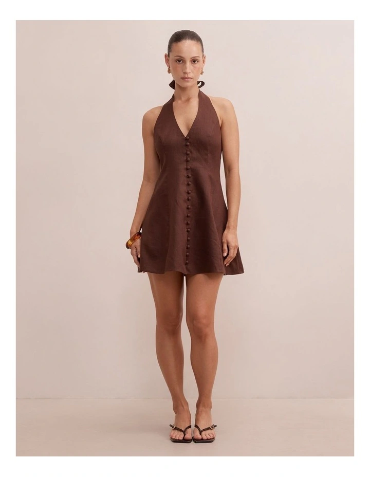 Ina Halter Neck Linen Mini Dress in Chocolate image 5
