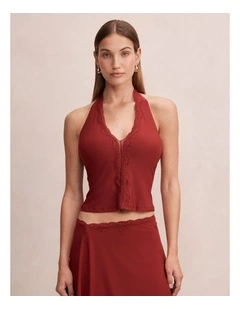 Verity Lace Trim Halter Neck Top in Red