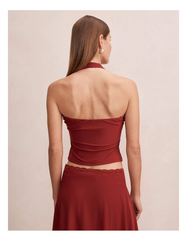 Verity Lace Trim Halter Neck Top in Red image 2
