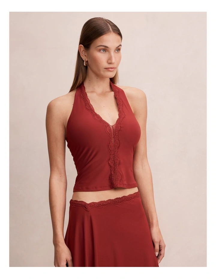 Verity Lace Trim Halter Neck Top in Red image 3