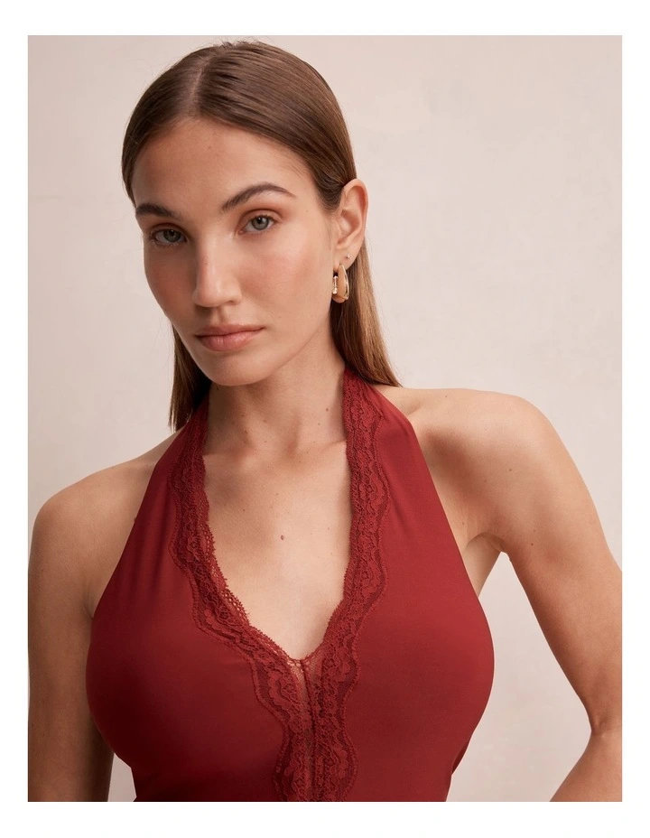 Verity Lace Trim Halter Neck Top in Red image 4
