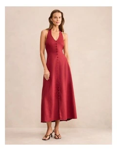 Ina Button Down Midi Dress in Red