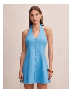 Ina Button Front Halter Neck Mini Dress in Blue