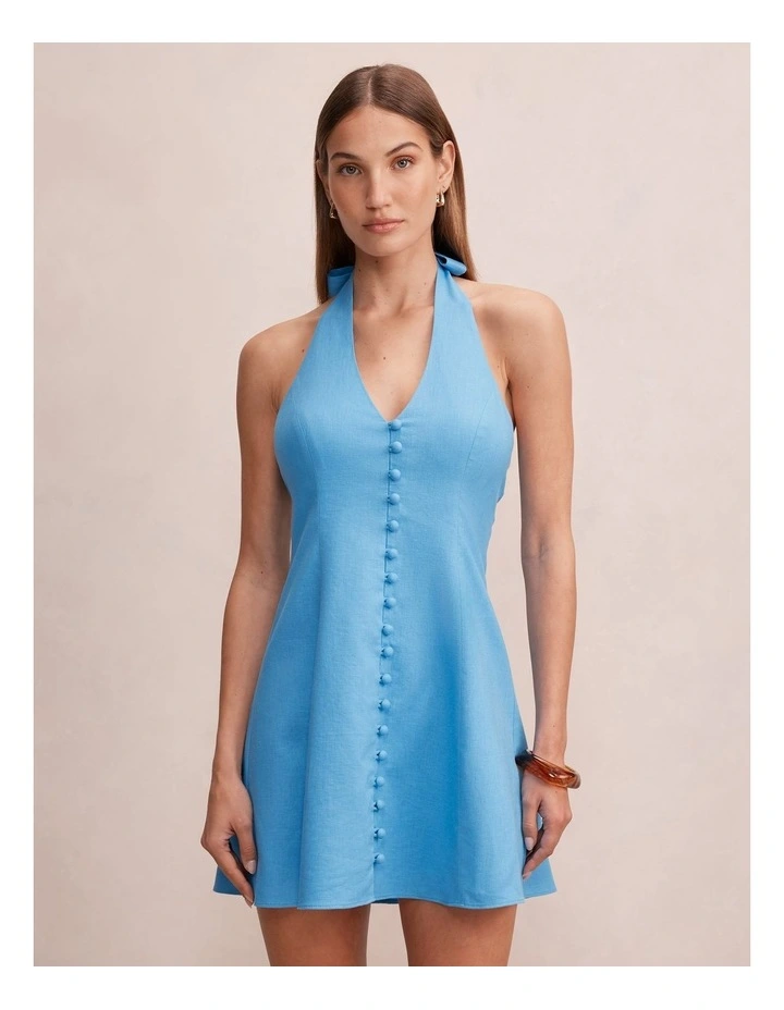Ina Button Front Halter Neck Mini Dress in Blue image 1