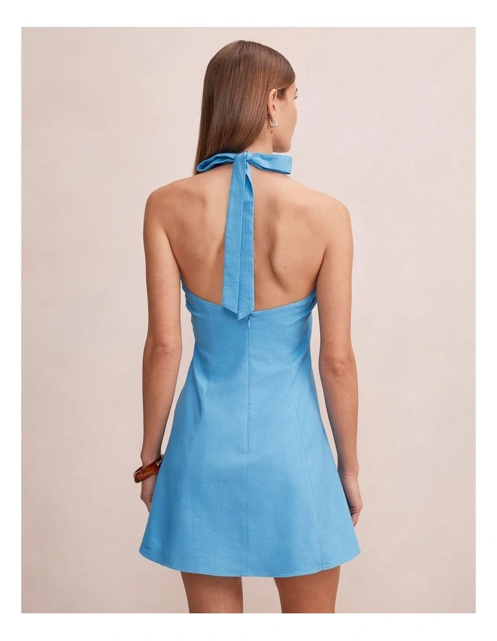 Ina Button Front Halter Neck Mini Dress in Blue image 2