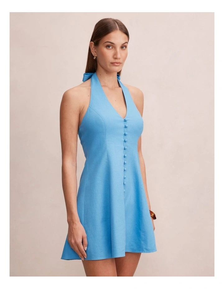 Ina Button Front Halter Neck Mini Dress in Blue image 3