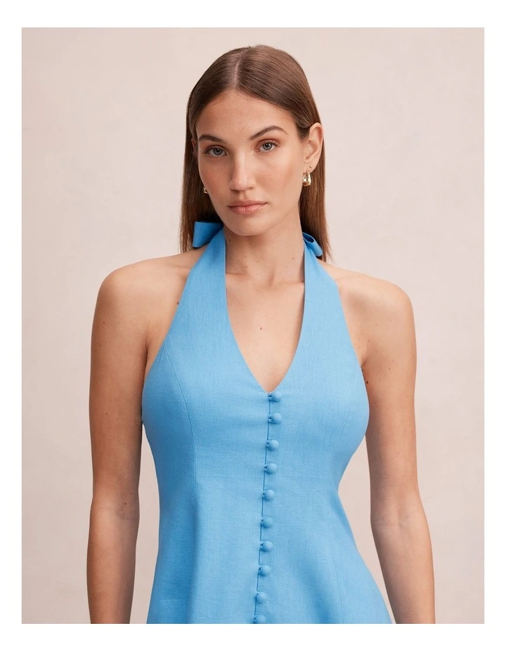 Ina Button Front Halter Neck Mini Dress in Blue image 4